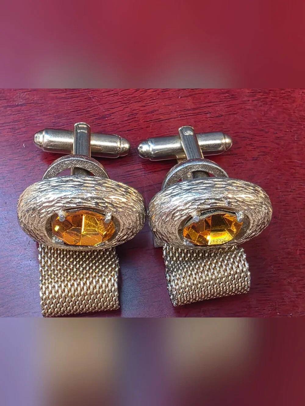 Vintage Cufflinks Dante Amber Brown Faceted Stone Wrap Around Mesh Gold-tone MCM